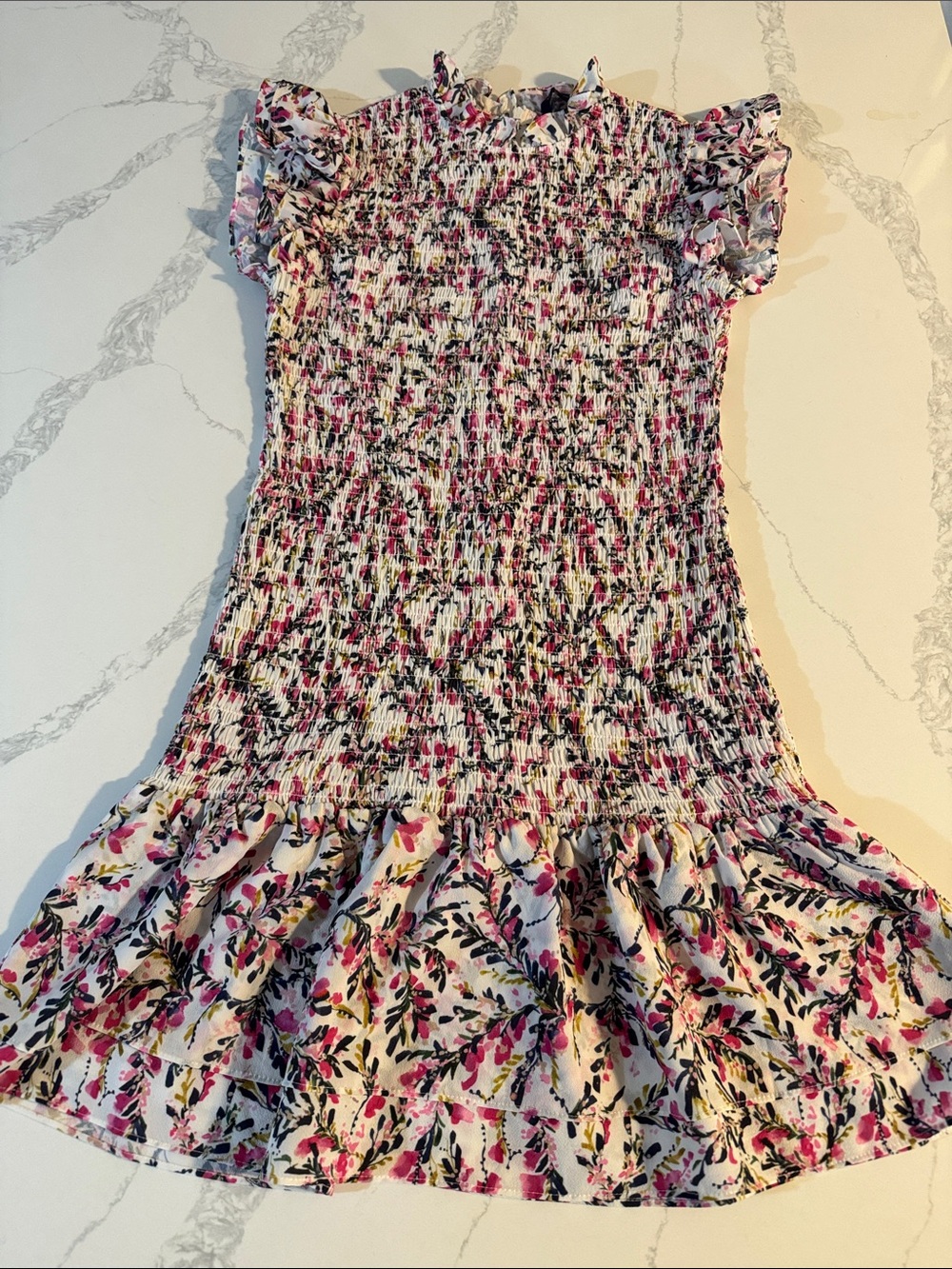 French Connection Girls Pink Floral Smocked Ruffle Dress